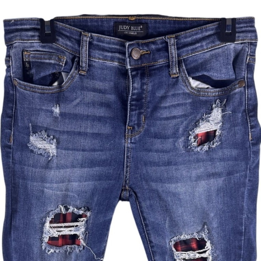 Judy Blue Jeans Juniors 11/30 Blue Mid Rise Distressed Plaid Skinny Denim